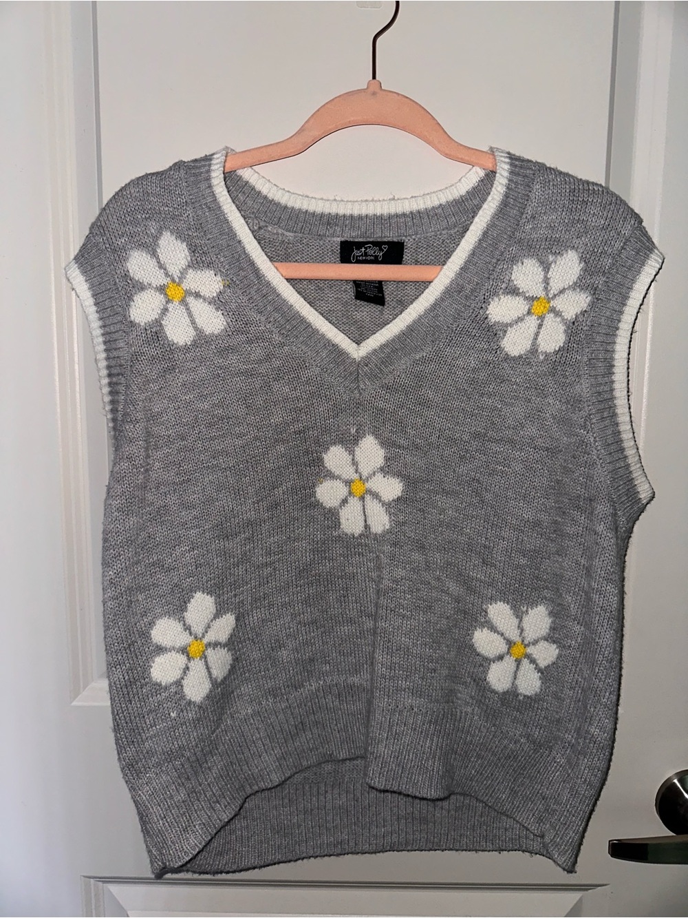 Floral Grey Knit Sweater Vest - Grey with White Daisy Pattern